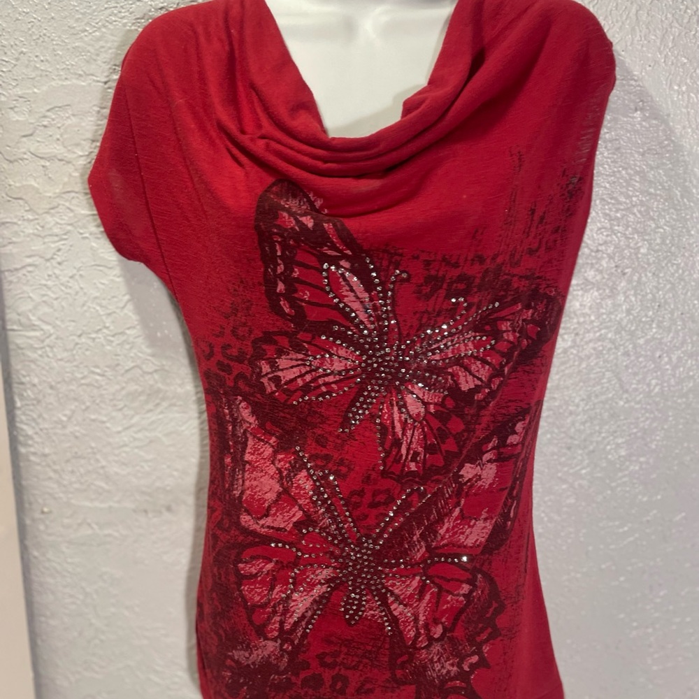 Hybrid Apparel Red Cowl Neck Butterfly Rhinestone Short Sleeve Top